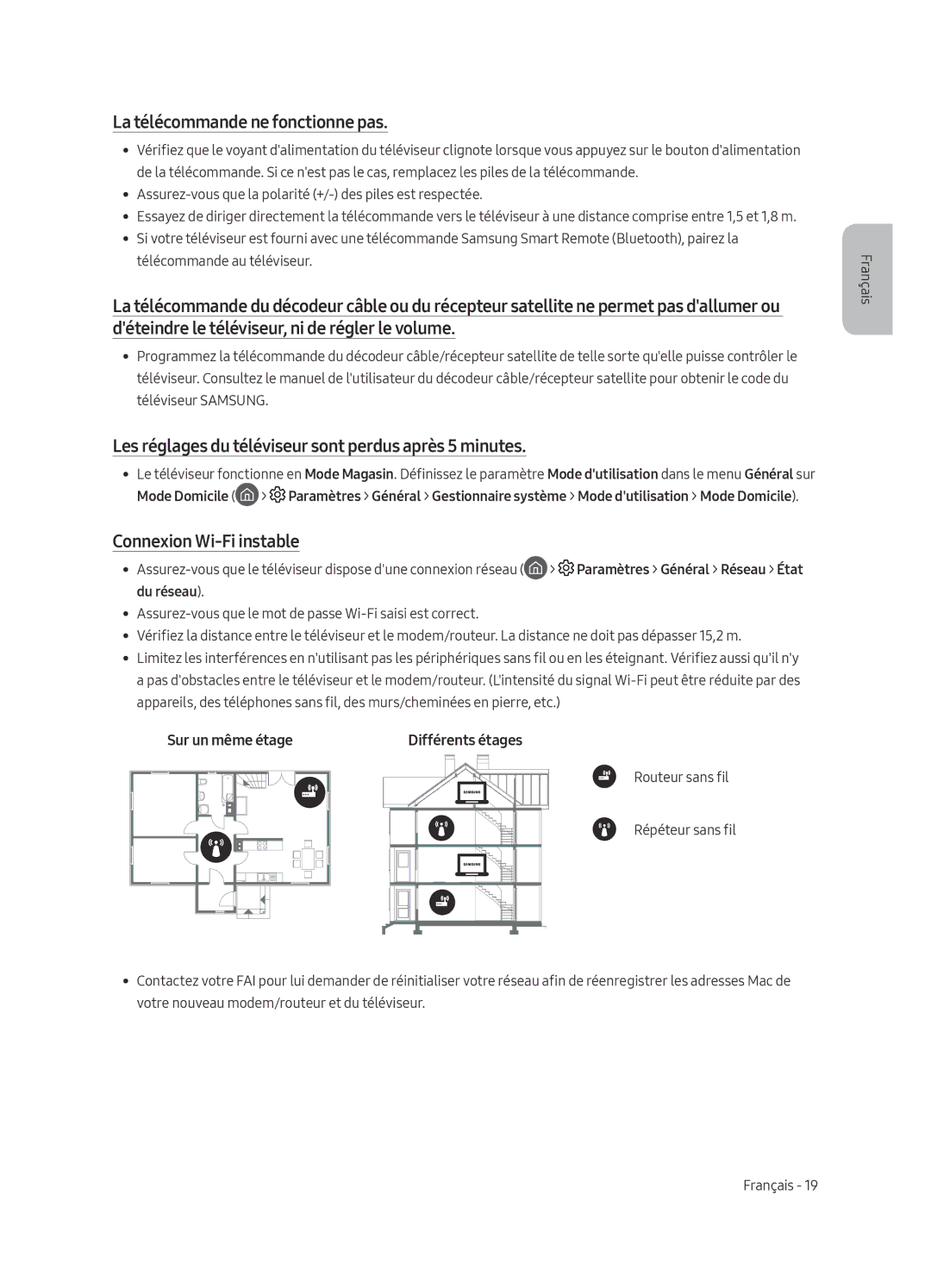 Samsung QE49Q7FAMTXXC manual La télécommande ne fonctionne pas, Les réglages du téléviseur sont perdus après 5 minutes 