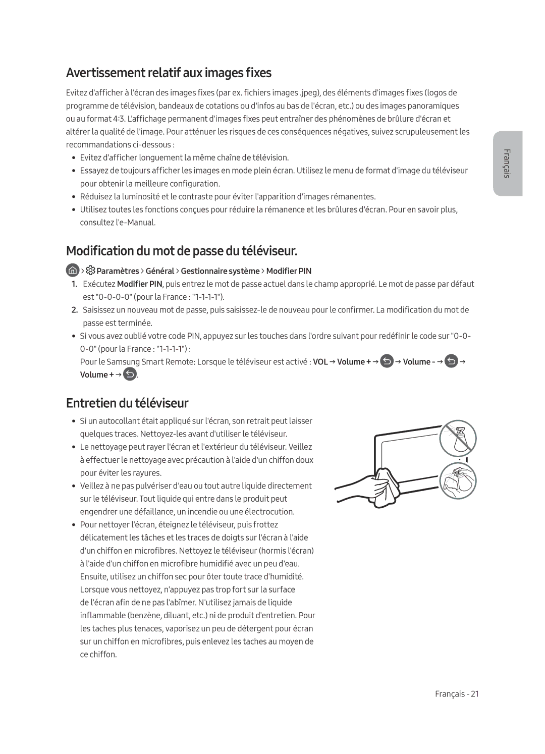 Samsung QE55Q7FAMTXXH manual Avertissement relatif aux images fixes, Modification du mot de passe du téléviseur, Volume + → 