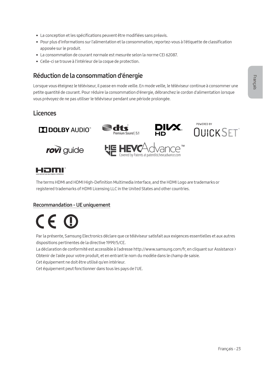 Samsung QE49Q7FAMTXXH, QE49Q7FAMTXZG, QE65Q7FAMTXZG Réduction de la consommation dénergie, Recommandation UE uniquement 