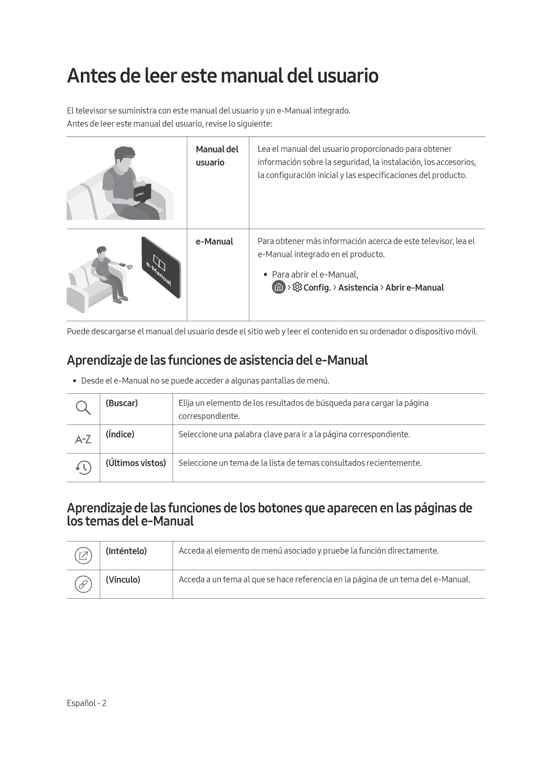 Samsung QE55Q7FAMTXZG Antes de leer este manual del usuario, Aprendizaje de las funciones de asistencia del e-Manual 