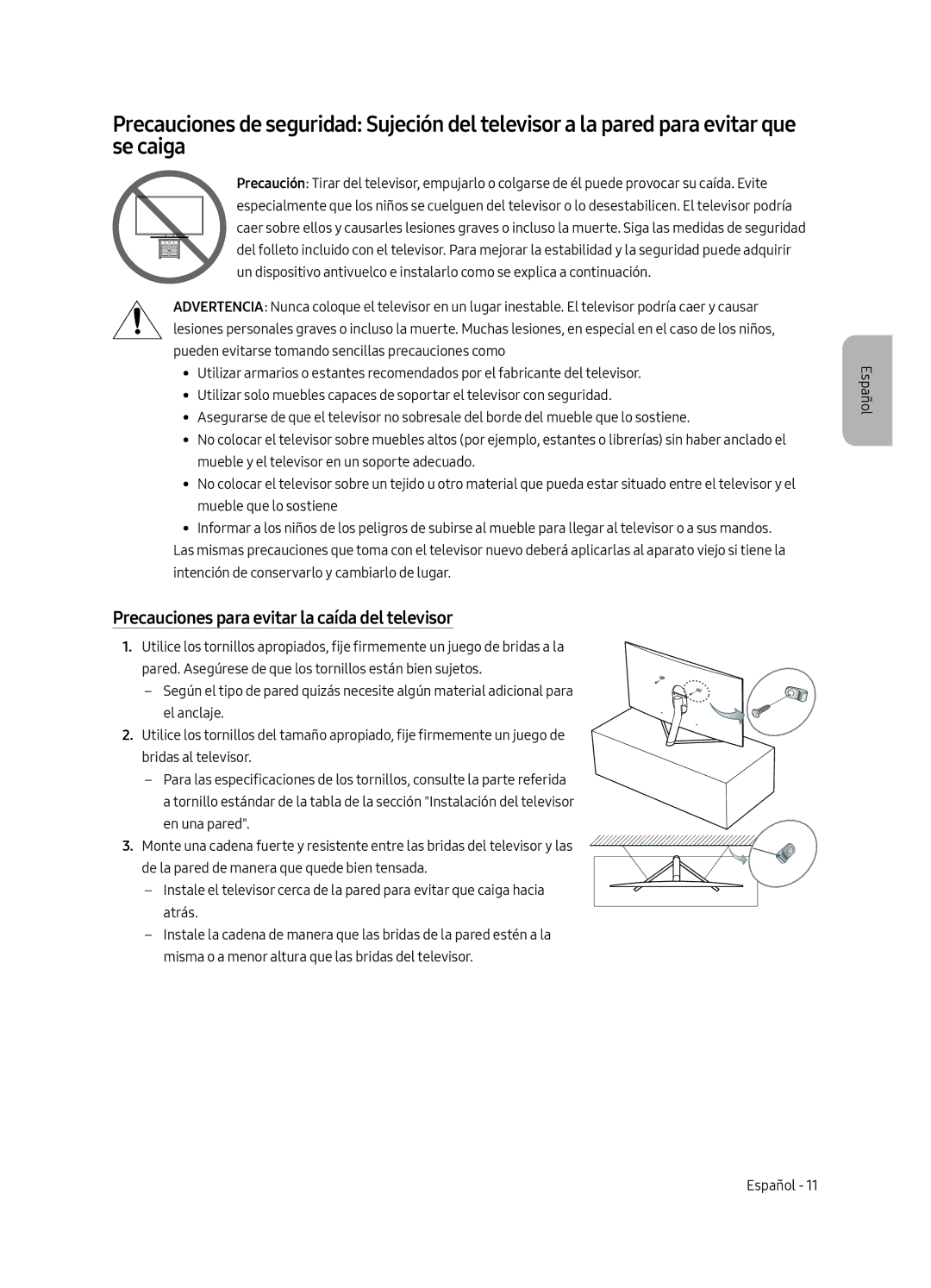 Samsung QE49Q7FAMTXXH, QE49Q7FAMTXZG, QE65Q7FAMTXZG, QE55Q7FAMTXZG manual Precauciones para evitar la caída del televisor 