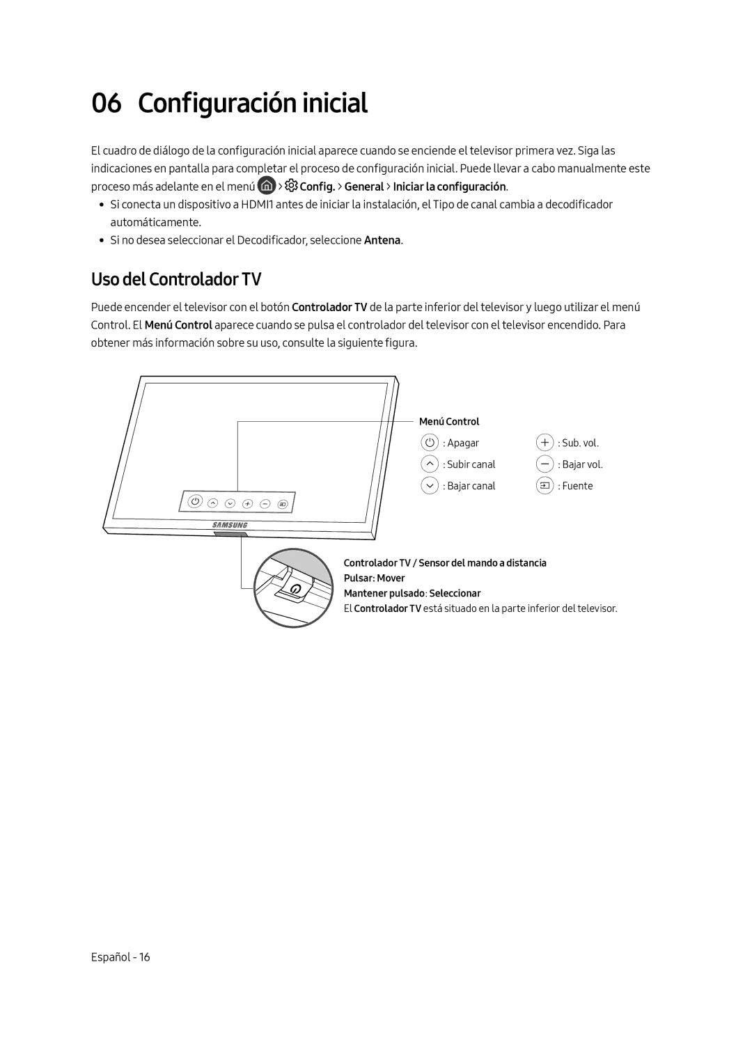 Samsung QE75Q7FAMTXXH, QE49Q7FAMTXZG, QE65Q7FAMTXZG, QE55Q7FAMTXZG manual Configuración inicial, Uso del Controlador TV 