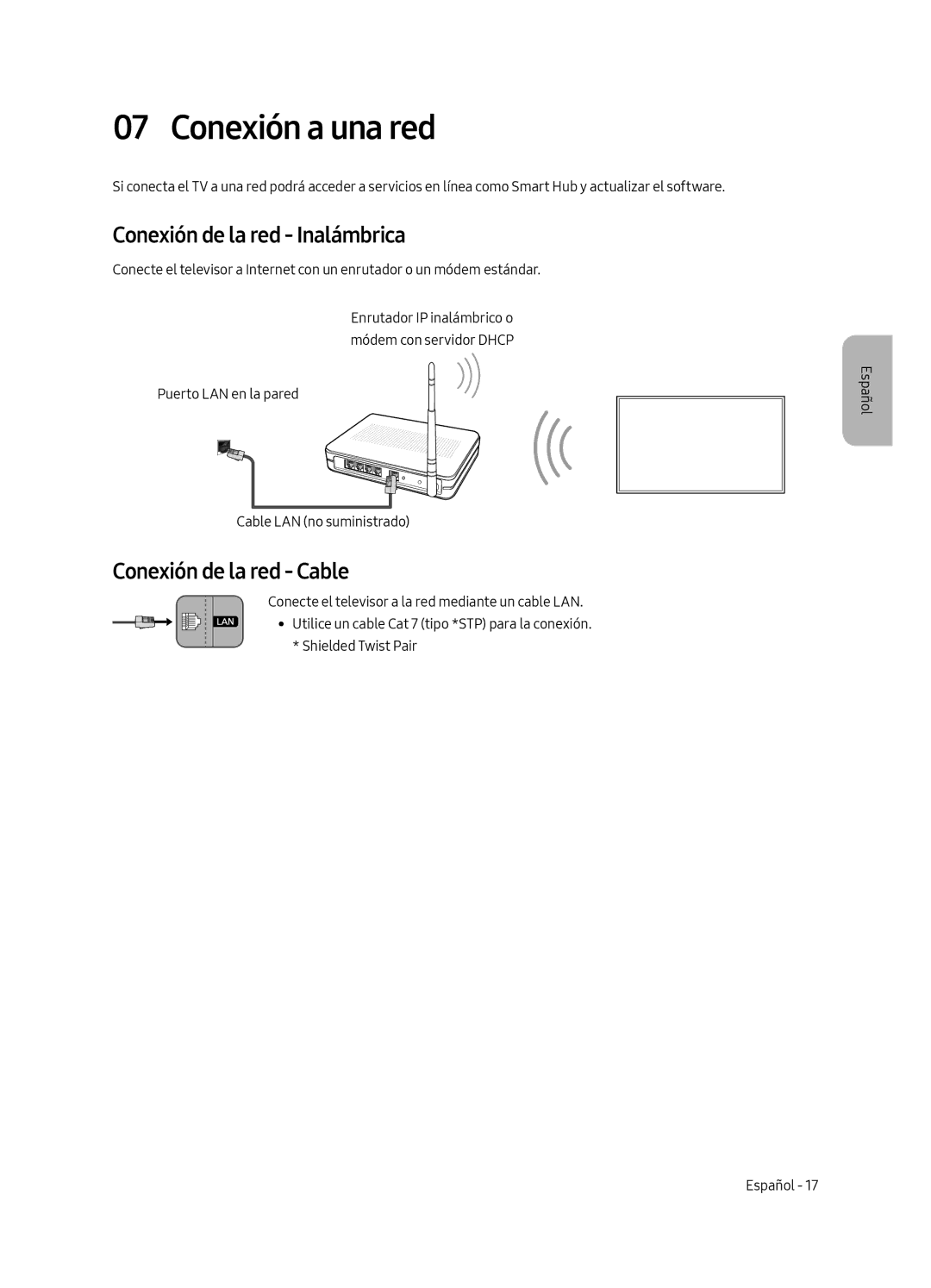 Samsung QE75Q7FAMTXXC, QE49Q7FAMTXZG manual Conexión a una red, Conexión de la red Inalámbrica, Conexión de la red Cable 