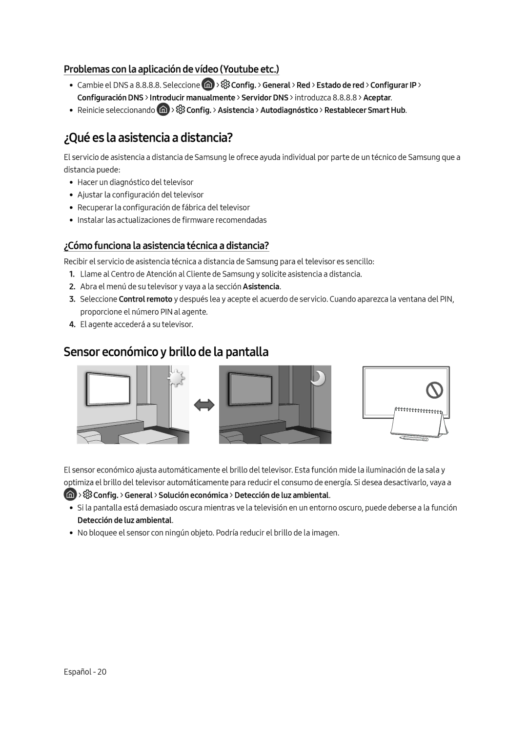 Samsung QE65Q7FAMTXXC, QE49Q7FAMTXZG manual ¿Qué es la asistencia a distancia?, Sensor económico y brillo de la pantalla 