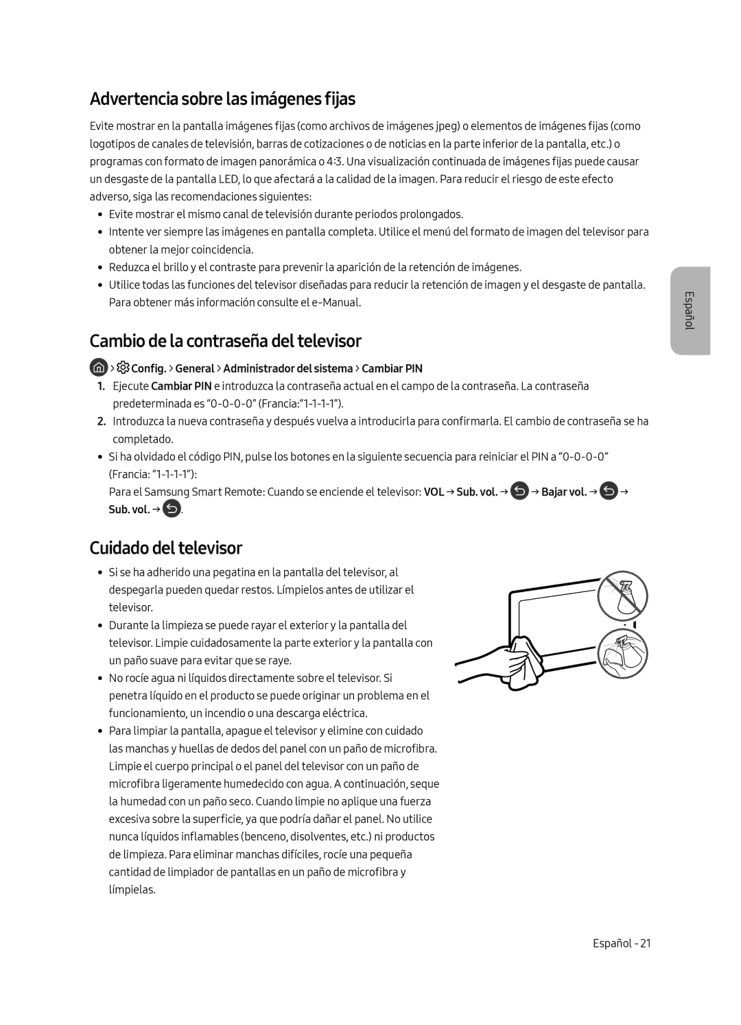 Samsung QE55Q7FAMTXXH Advertencia sobre las imágenes fijas, Cambio de la contraseña del televisor, Cuidado del televisor 