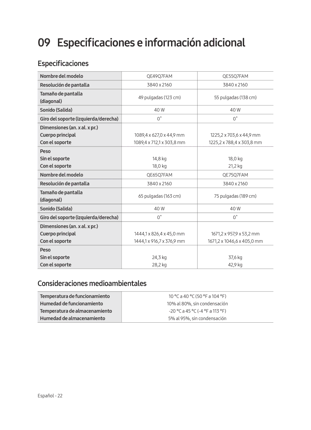 Samsung QE65Q7FAMTXXH, QE49Q7FAMTXZG manual Especificaciones e información adicional, Consideraciones medioambientales 