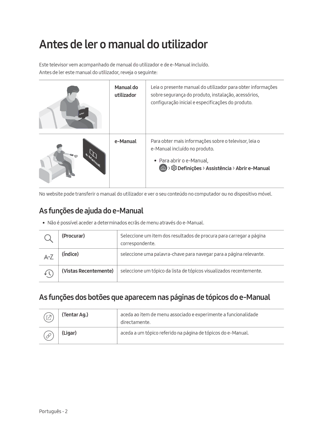 Samsung QE55Q7FAMTXZG, QE49Q7FAMTXZG, QE65Q7FAMTXZG Antes de ler o manual do utilizador, As funções de ajuda do e-Manual 