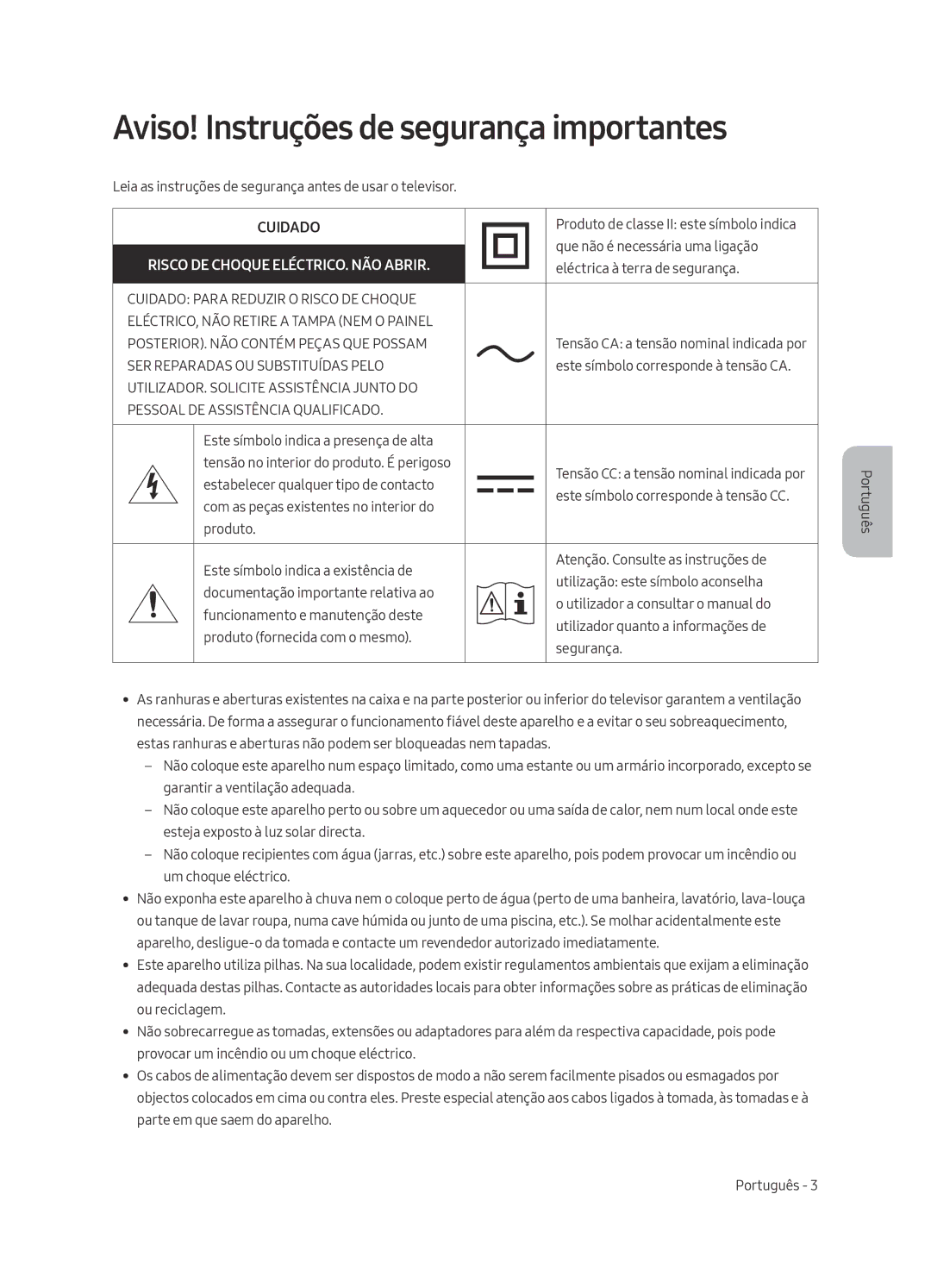 Samsung QE75Q7FAMTXZG, QE49Q7FAMTXZG manual Aviso! Instruções de segurança importantes, SER Reparadas OU Substituídas Pelo 