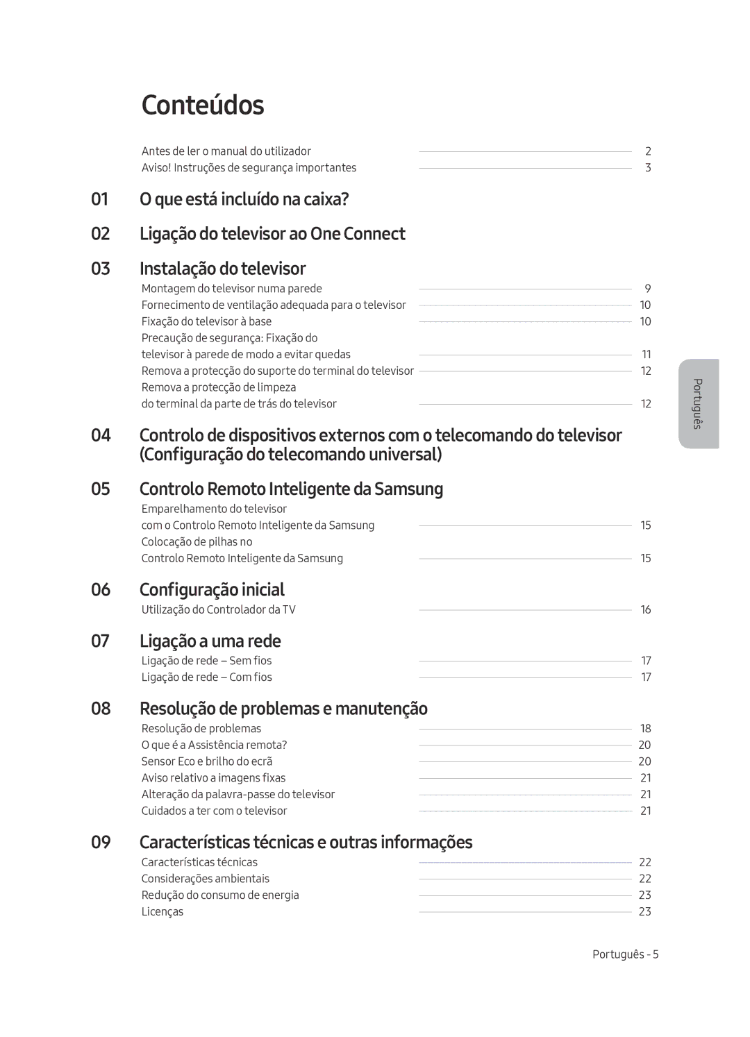 Samsung QE75Q7FAMTXXC manual Conteúdos, Configuração inicial, Ligação a uma rede, Resolução de problemas e manutenção 