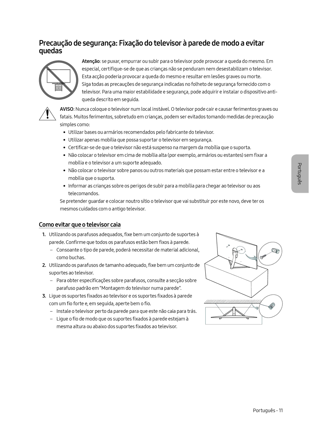 Samsung QE49Q7FAMTXXH, QE49Q7FAMTXZG, QE65Q7FAMTXZG, QE55Q7FAMTXZG, QE75Q7FAMTXZG manual Como evitar que o televisor caia 