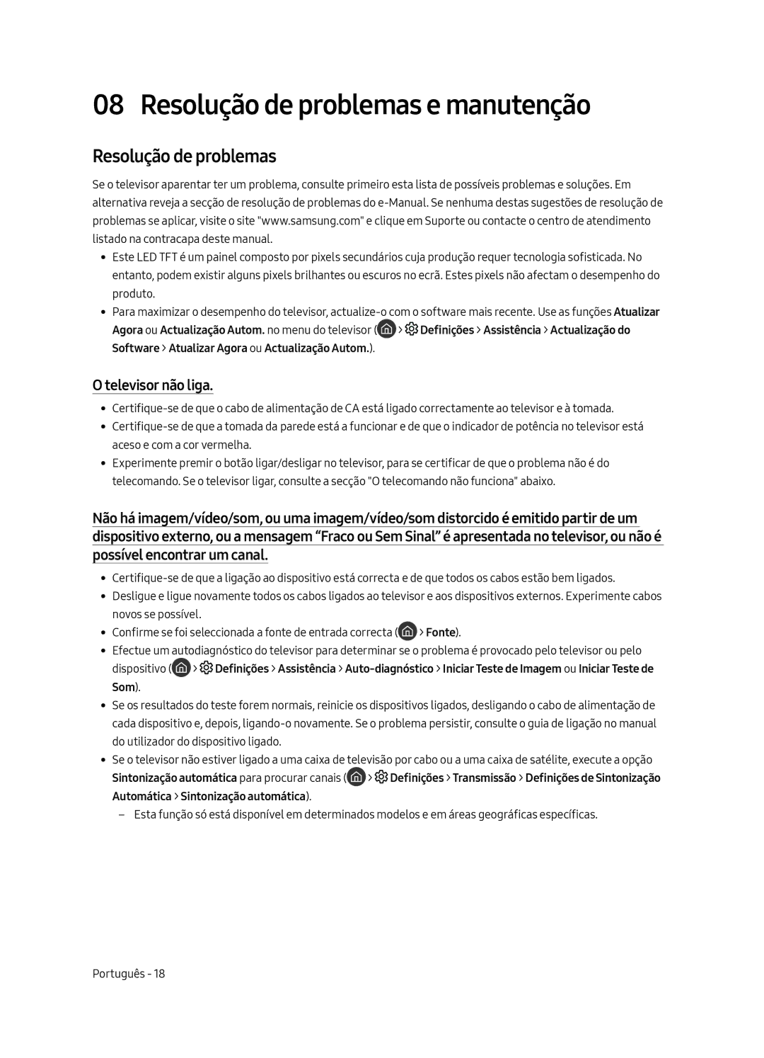 Samsung QE55Q7FAMTXXC, QE49Q7FAMTXZG, QE65Q7FAMTXZG, QE55Q7FAMTXZG Resolução de problemas e manutenção, Televisor não liga 