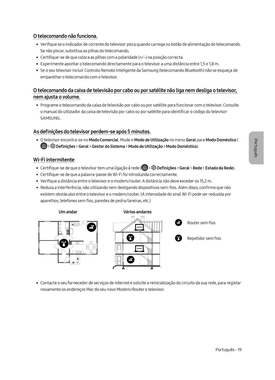 Samsung QE49Q7FAMTXXC, QE49Q7FAMTXZG manual Telecomando não funciona, As definições do televisor perdem-se após 5 minutos 