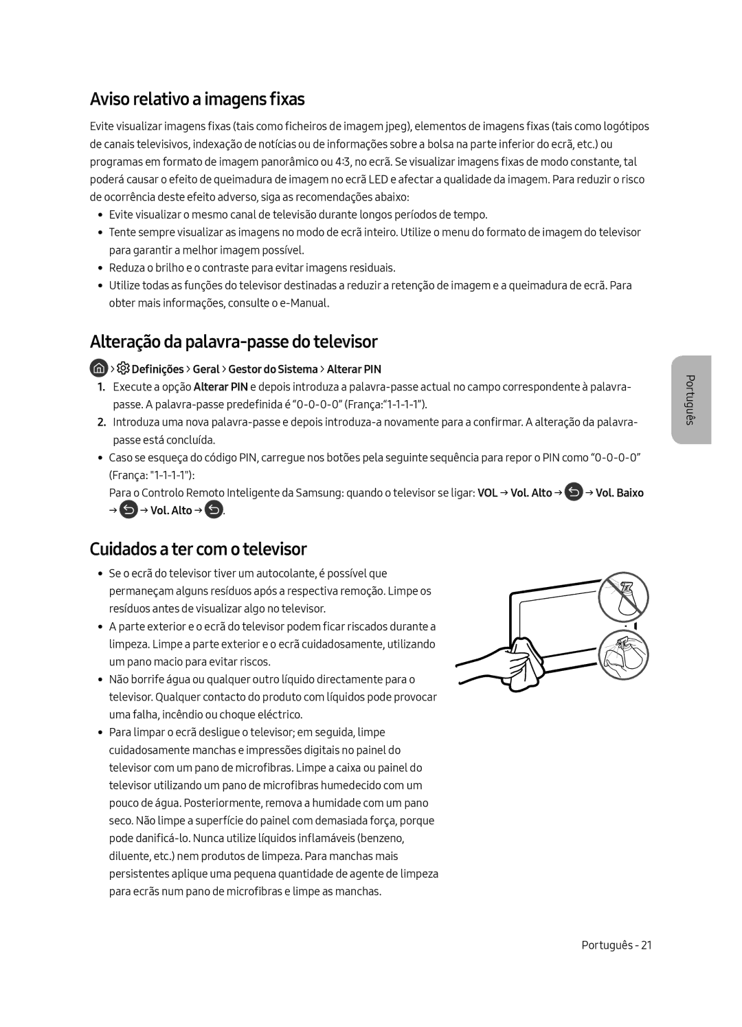 Samsung QE55Q7FAMTXXH, QE49Q7FAMTXZG, QE65Q7FAMTXZG Aviso relativo a imagens fixas, Alteração da palavra-passe do televisor 