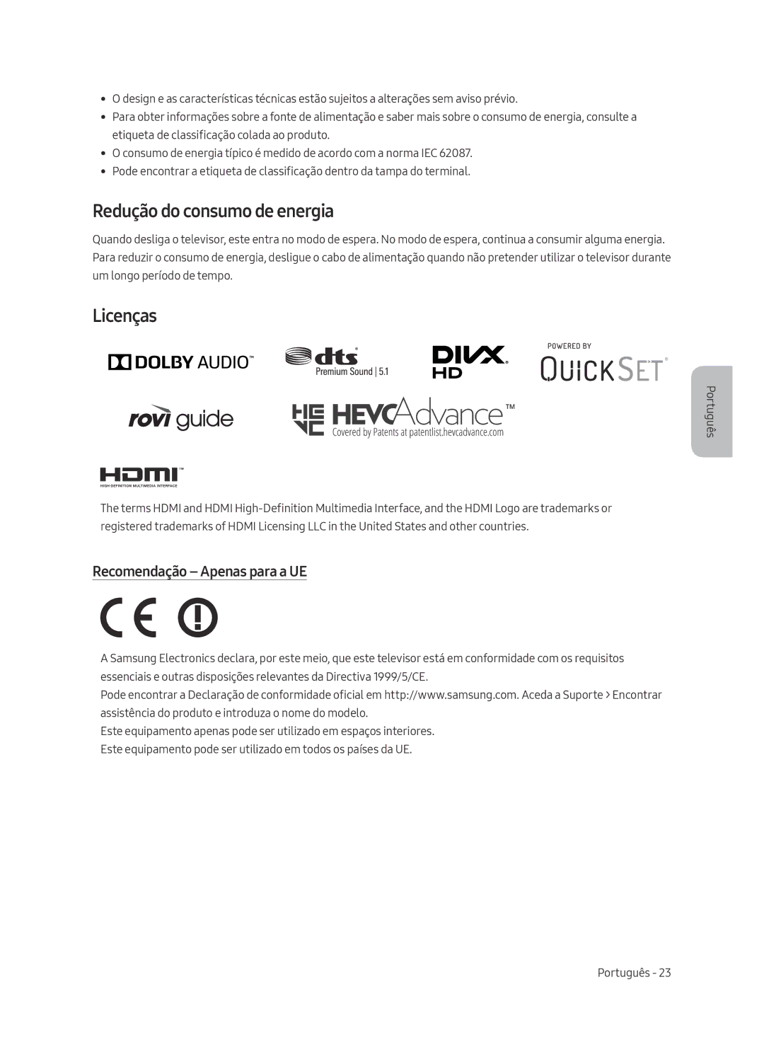 Samsung QE49Q7FAMTXXH, QE49Q7FAMTXZG, QE65Q7FAMTXZG Redução do consumo de energia, Licenças, Recomendação Apenas para a UE 