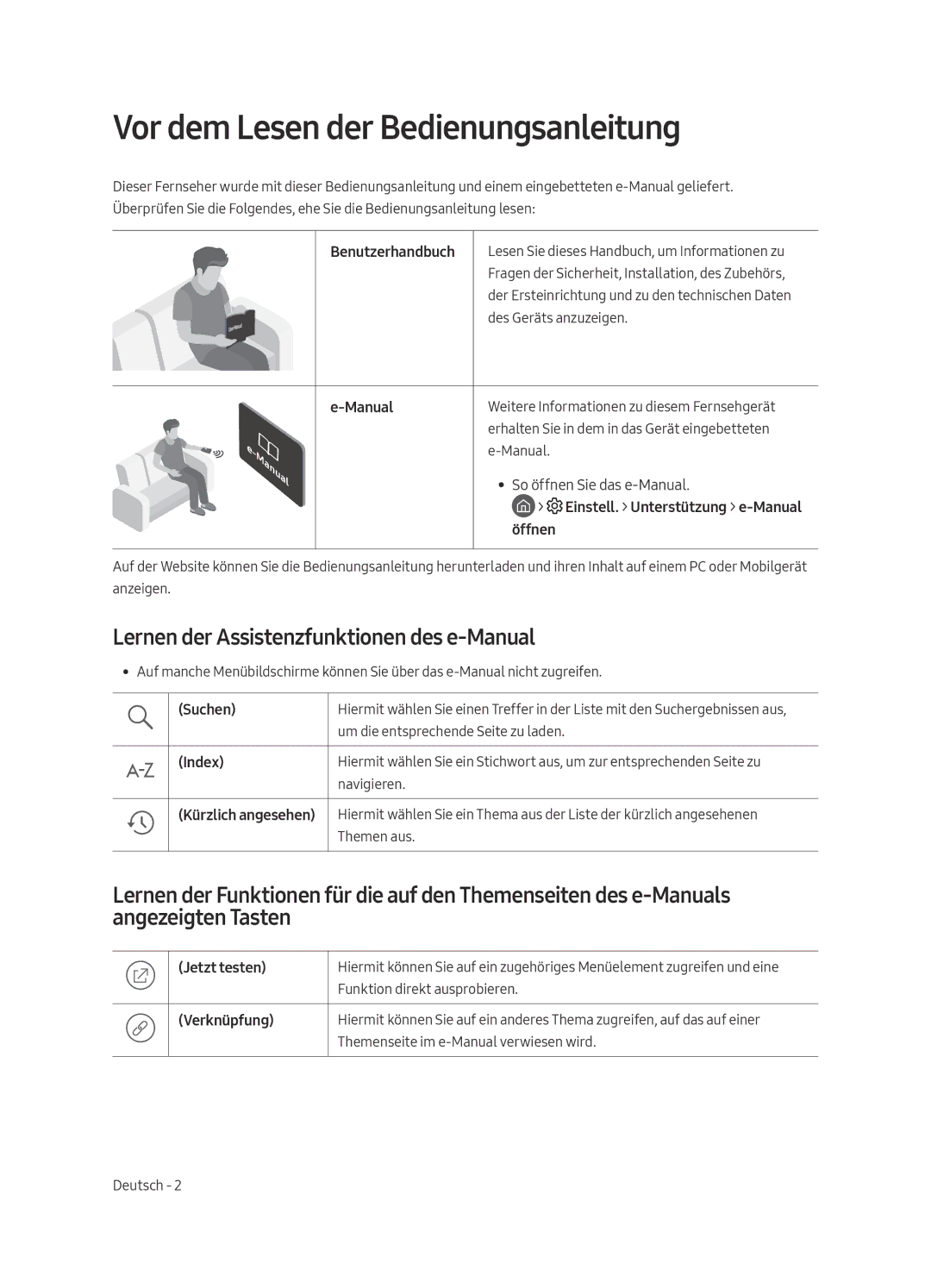 Samsung QE55Q7FAMTXZG, QE49Q7FAMTXZG Vor dem Lesen der Bedienungsanleitung, Lernen der Assistenzfunktionen des e-Manual 