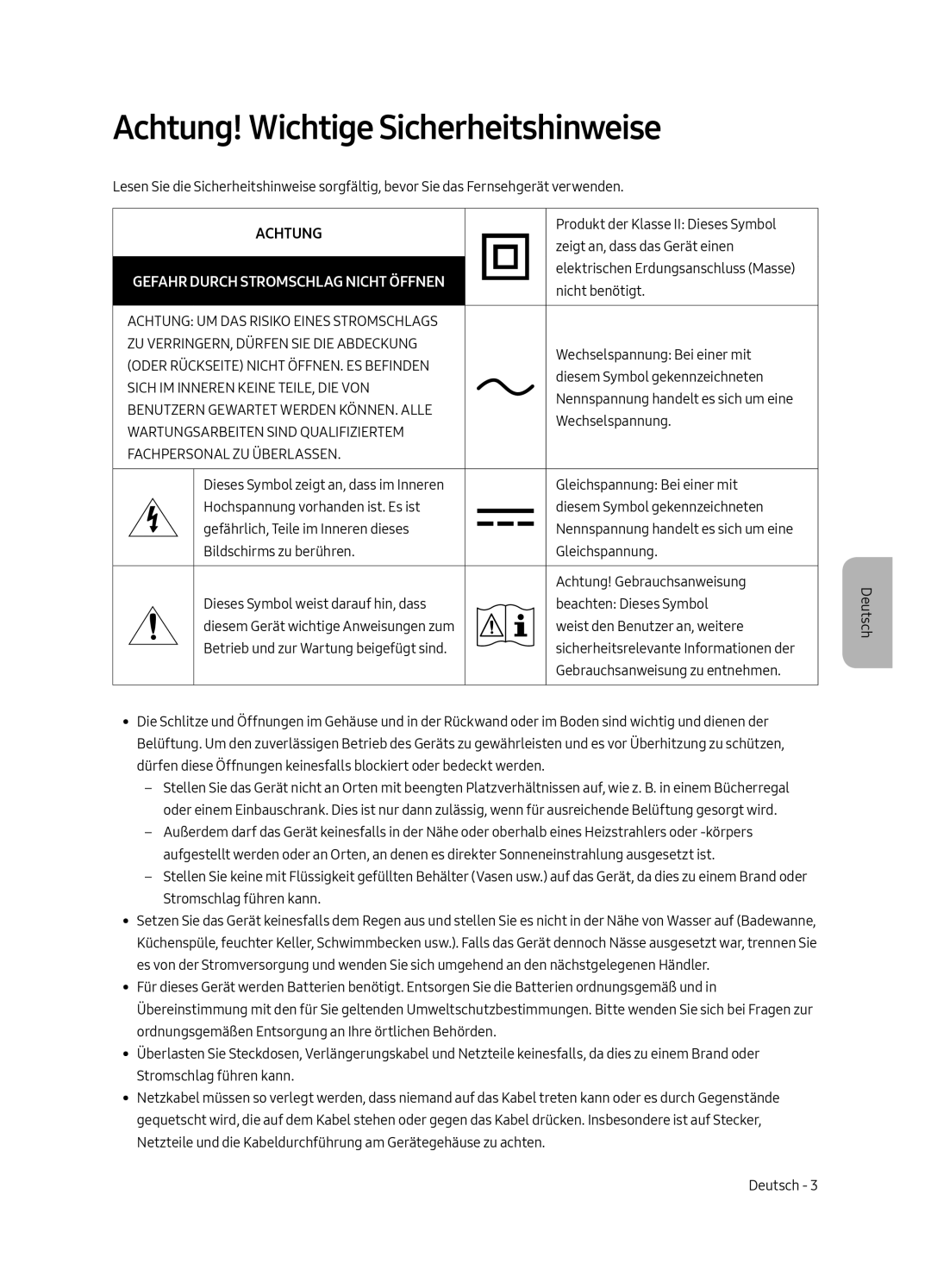 Samsung QE75Q7FAMTXZG, QE49Q7FAMTXZG manual Achtung! Wichtige Sicherheitshinweise, Oder Rückseite Nicht ÖFFNEN. ES Befinden 