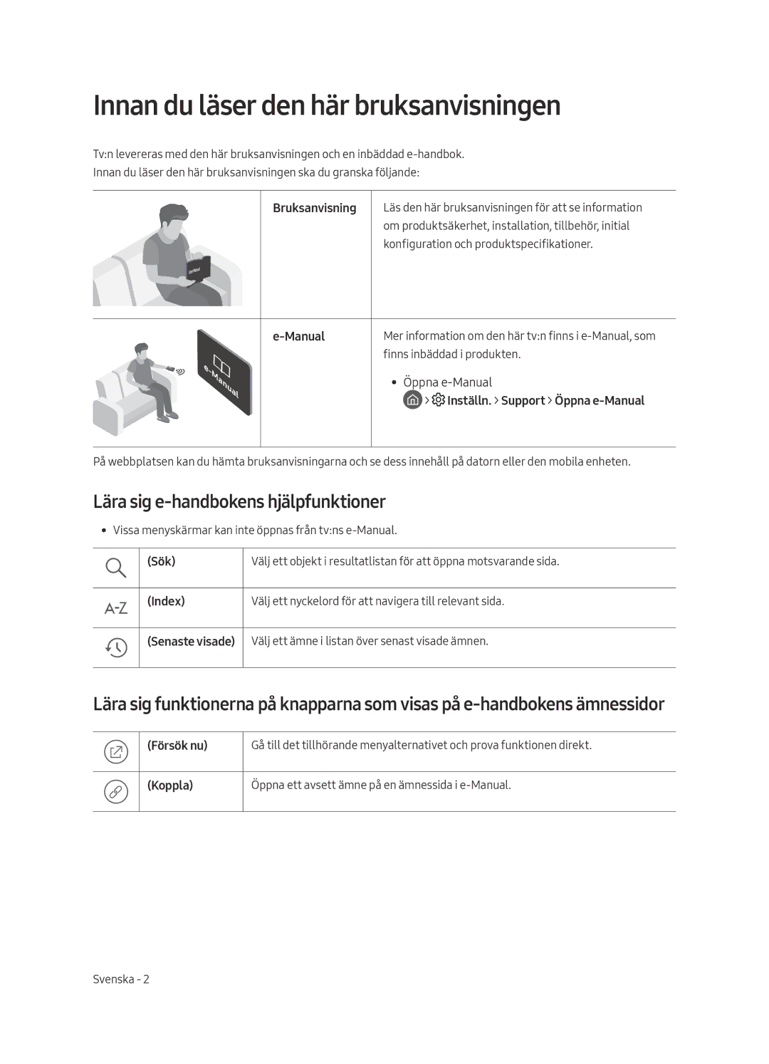 Samsung QE65Q6FAMTXXU, QE55Q6FAMTXXH manual Innan du läser den här bruksanvisningen, Lära sig e-handbokens hjälpfunktioner 