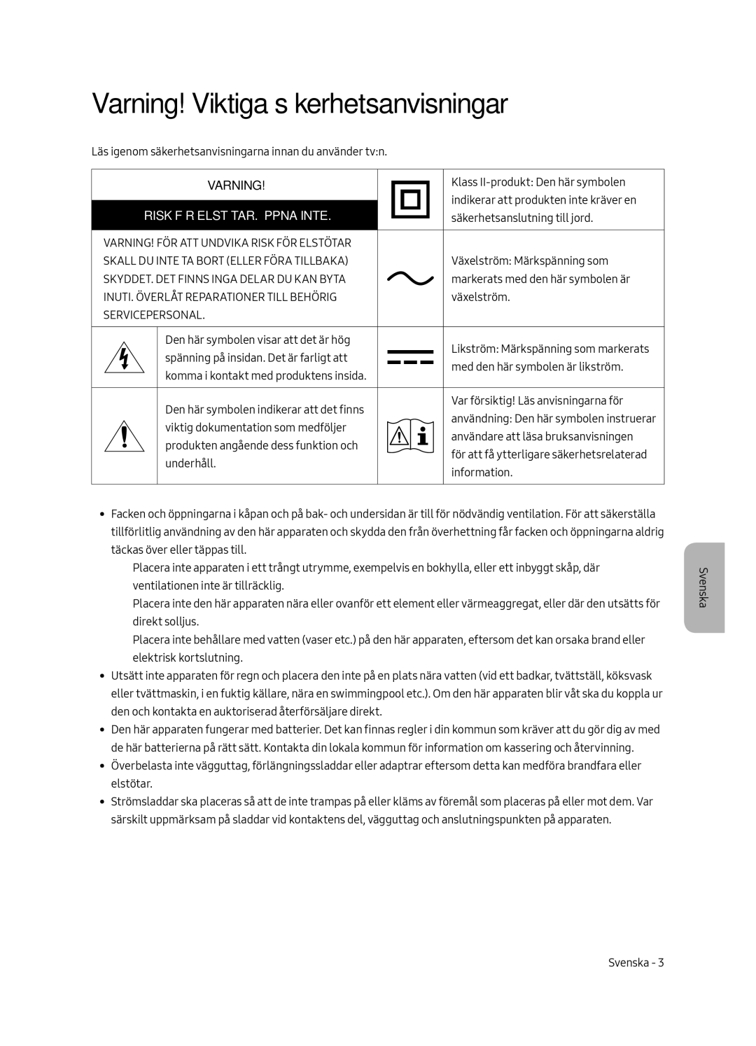 Samsung QE65Q6FAMTXXH, QE55Q6FAMTXXH, QE65Q6FAMTXXC Varning! Viktiga säkerhetsanvisningar, Risk FÖR ELSTÖTAR. Öppna Inte 