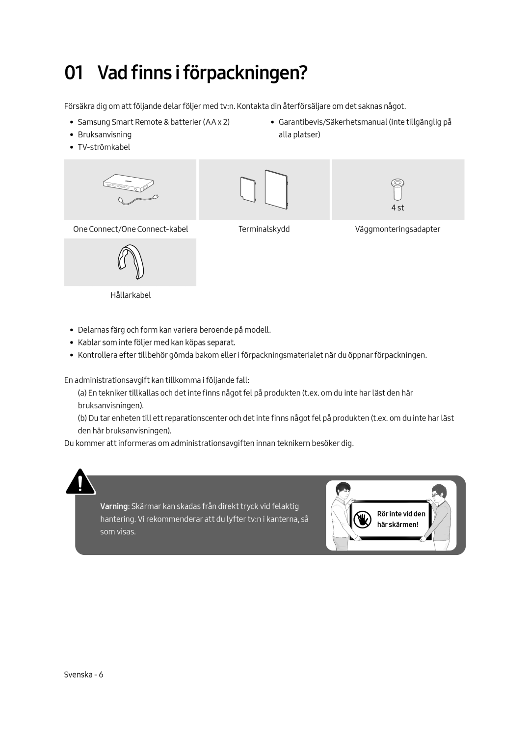 Samsung QE65Q6FAMTXXC, QE55Q6FAMTXXH, QE55Q6FAMTXXC, QE65Q6FAMTXZT, QE65Q6FAMTXXU, QE65Q6FAMTXXH Vad finns i förpackningen? 