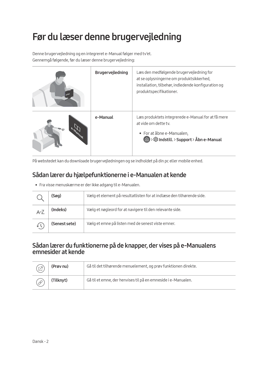 Samsung QE65Q6FAMTXZT manual Før du læser denne brugervejledning, Sådan lærer du hjælpefunktionerne i e-Manualen at kende 