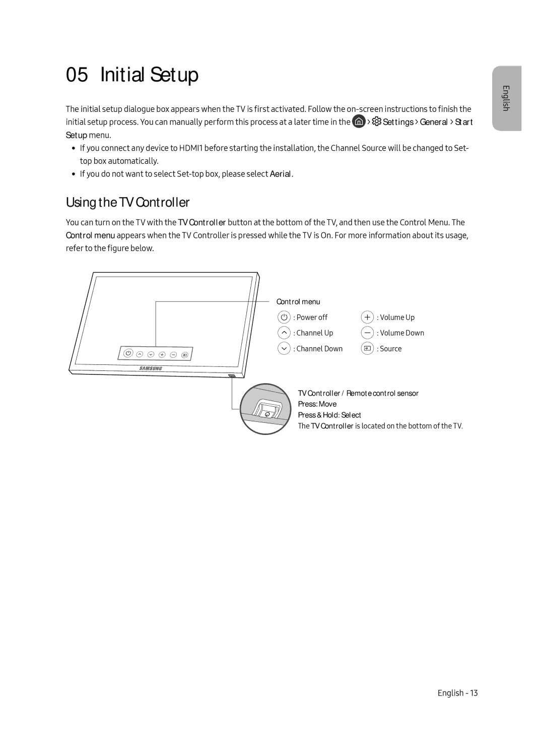 Samsung QE65Q6FAMTXZG, QE55Q6FAMTXXH, QE65Q6FAMTXXC, QE55Q6FAMTXXC, QE65Q6FAMTXZT manual Initial Setup, Using the TV Controller 