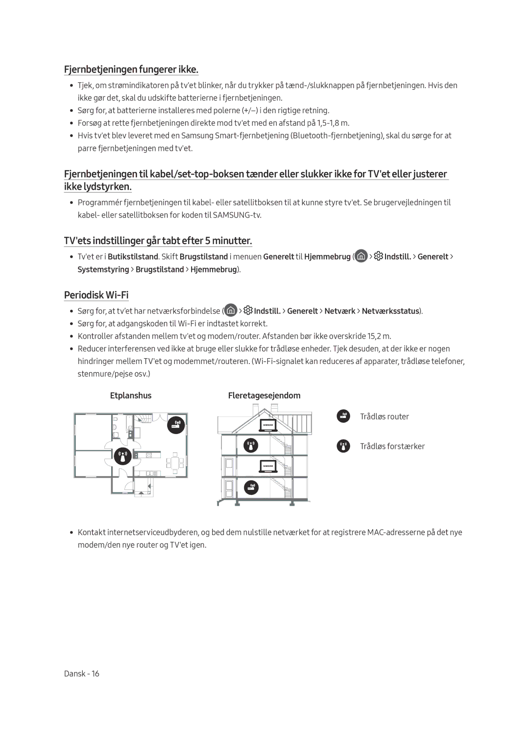 Samsung QE65Q6FAMTXZT manual Fjernbetjeningen fungerer ikke, TVets indstillinger går tabt efter 5 minutter, Periodisk Wi-Fi 