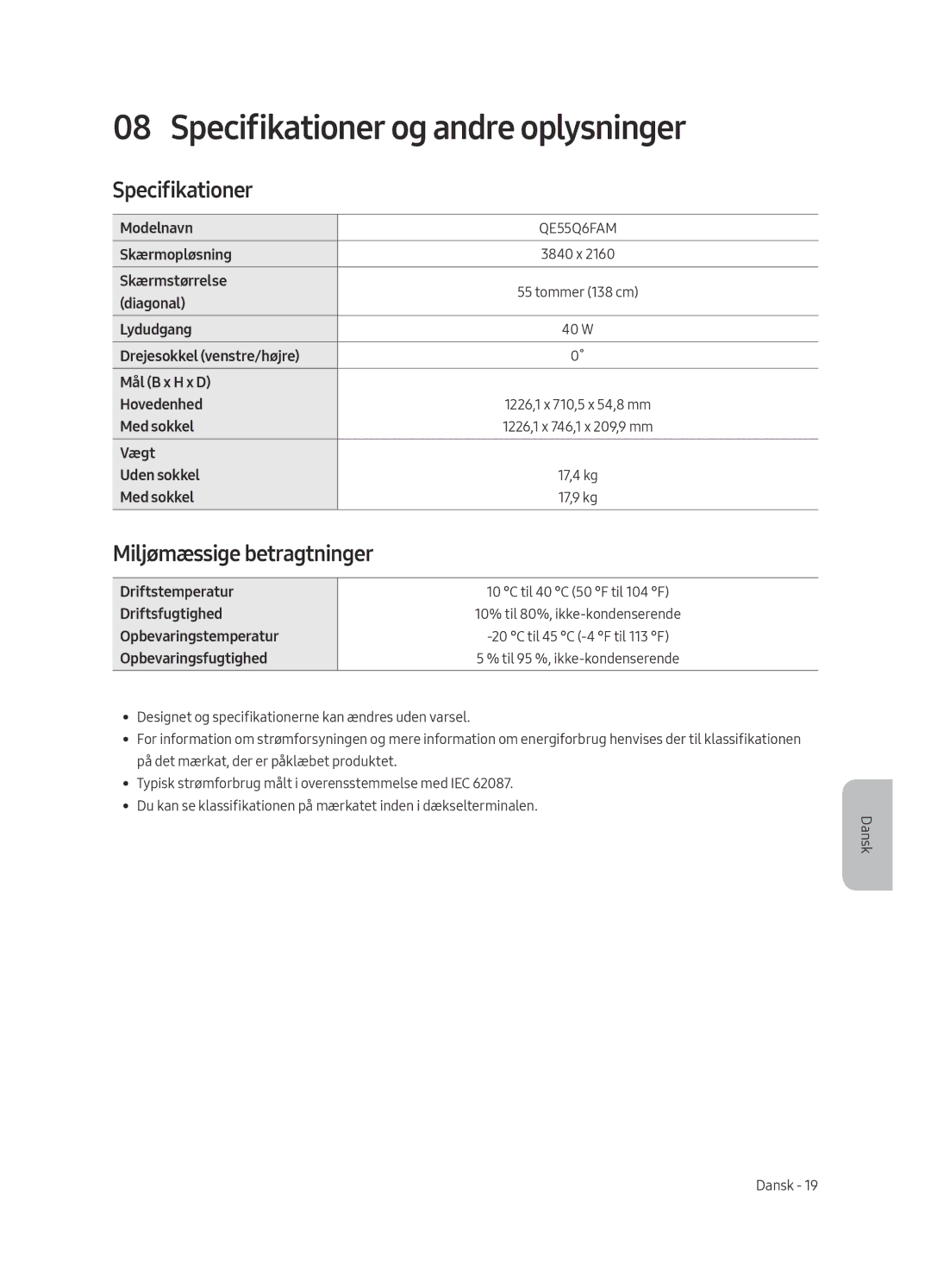 Samsung QE65Q6FAMTXZG, QE55Q6FAMTXXH, QE65Q6FAMTXXC manual Specifikationer og andre oplysninger, Miljømæssige betragtninger 