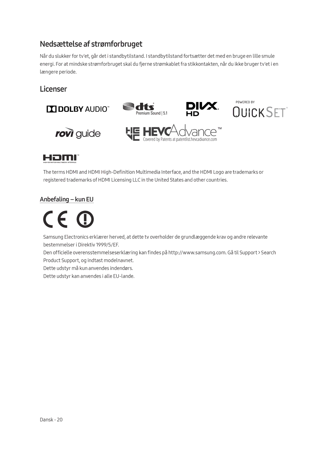 Samsung QE55Q6FAMTXXH, QE65Q6FAMTXXC, QE55Q6FAMTXXC, QE65Q6FAMTXZT manual Nedsættelse af strømforbruget, Anbefaling kun EU 