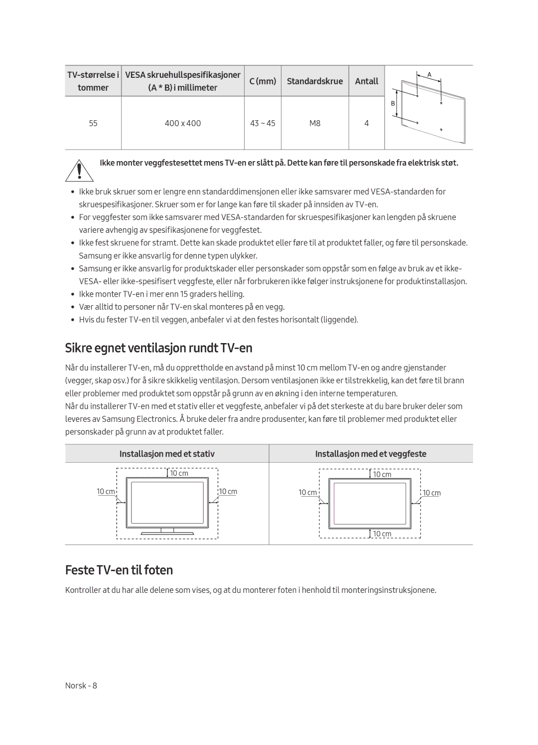 Samsung QE65Q6FAMTXXC, QE55Q6FAMTXXH, QE55Q6FAMTXXC manual Sikre egnet ventilasjon rundt TV-en, Feste TV-en til foten, Antall 