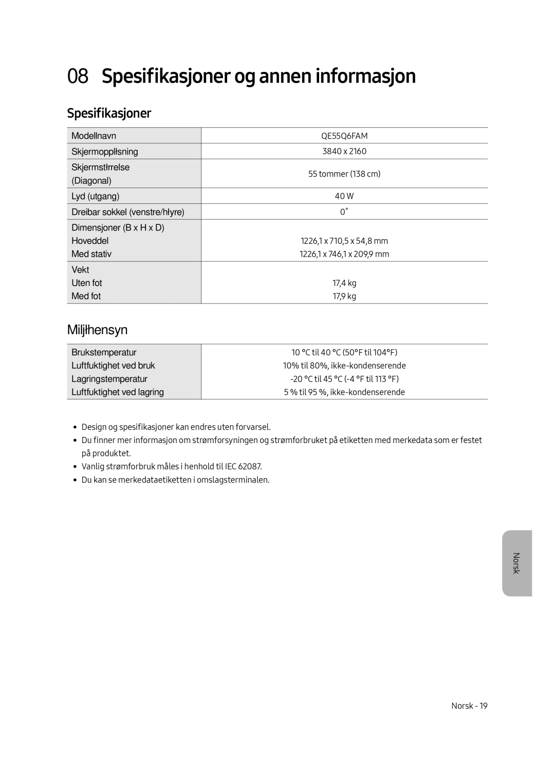 Samsung QE65Q6FAMTXXH, QE55Q6FAMTXXH, QE65Q6FAMTXXC, QE55Q6FAMTXXC manual Spesifikasjoner og annen informasjon, Miljøhensyn 