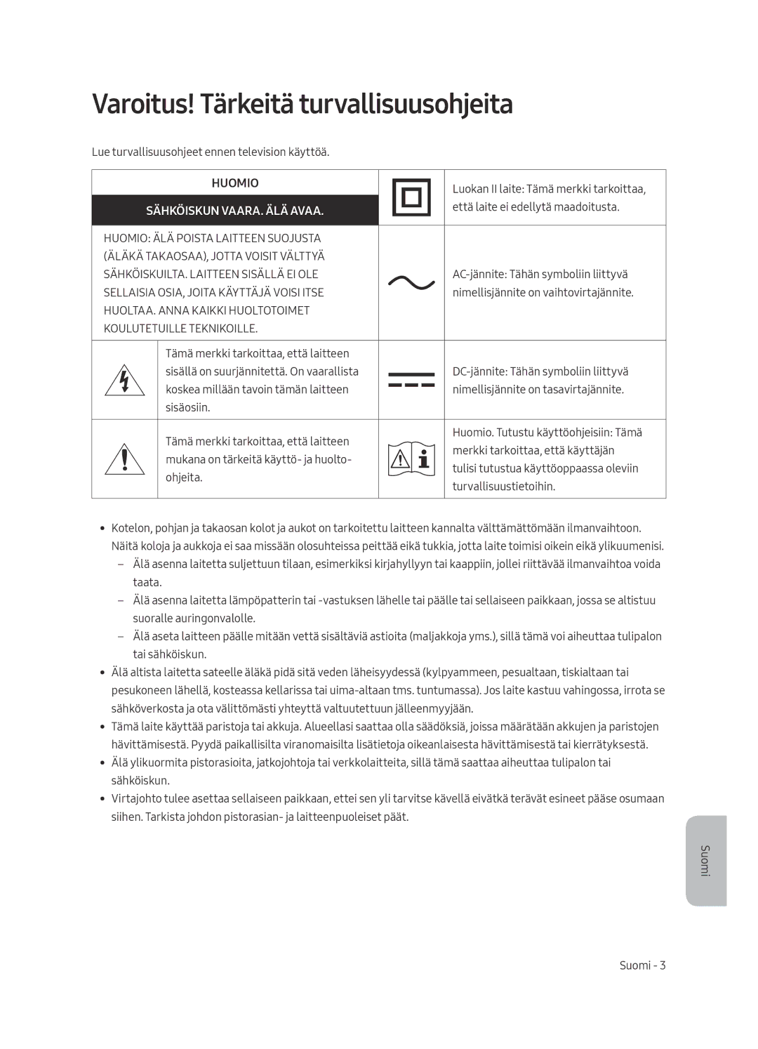 Samsung QE55Q6FAMTXXC, QE55Q6FAMTXXH, QE65Q6FAMTXXC manual Varoitus! Tärkeitä turvallisuusohjeita, Sähköiskun VAARA. ÄLÄ Avaa 