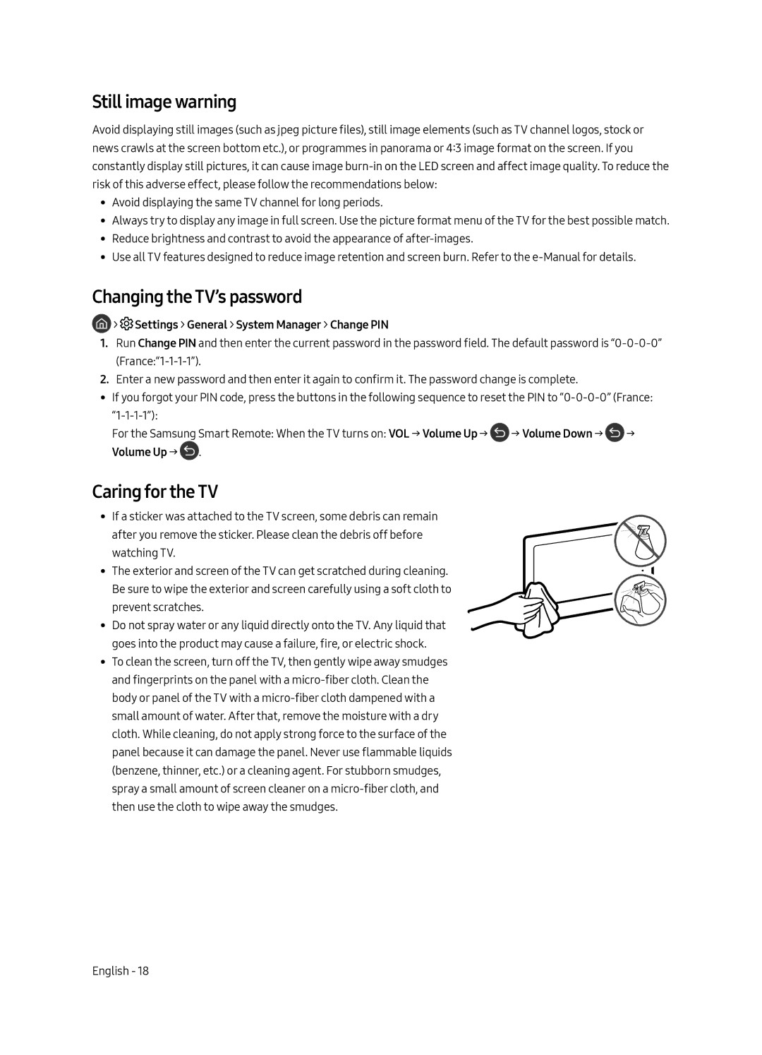 Samsung QE65Q6FAMTXXU, QE55Q6FAMTXXH, QE65Q6FAMTXXC manual Still image warning, Changing the TV’s password, Caring for the TV 