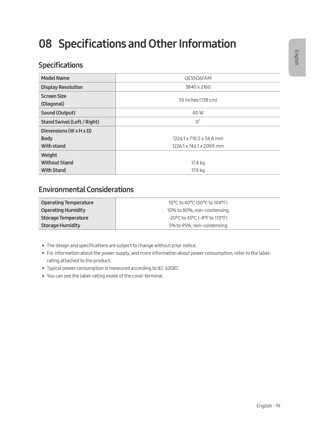 Samsung QE65Q6FAMTXXH, QE55Q6FAMTXXH, QE65Q6FAMTXXC manual Specifications and Other Information, Environmental Considerations 