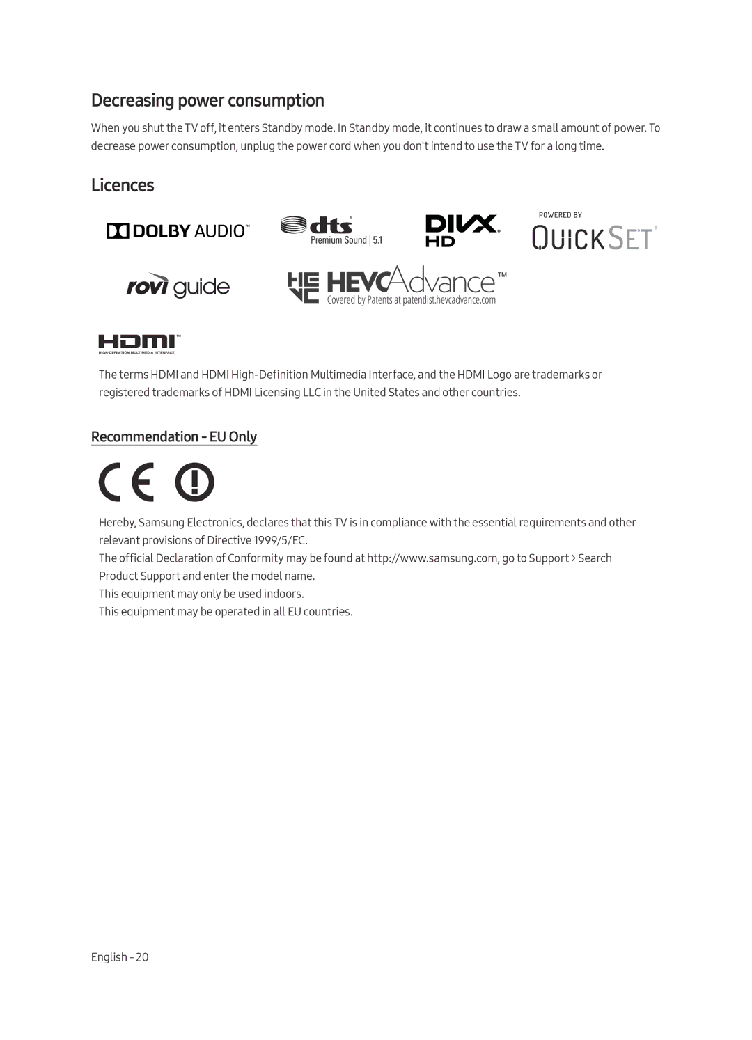 Samsung QE65Q6FAMTXZG, QE55Q6FAMTXXH, QE65Q6FAMTXXC manual Decreasing power consumption, Licences, Recommendation EU Only 