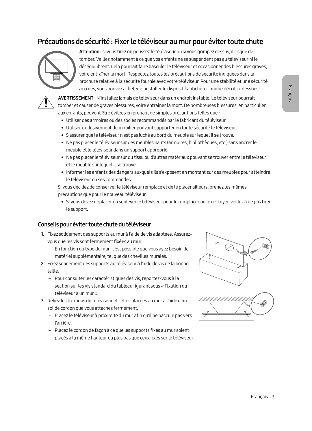 Samsung QE65Q6FAMTXXC, QE55Q6FAMTXXH, QE55Q6FAMTXXC, QE65Q6FAMTXZT manual Conseils pour éviter toute chute du téléviseur 