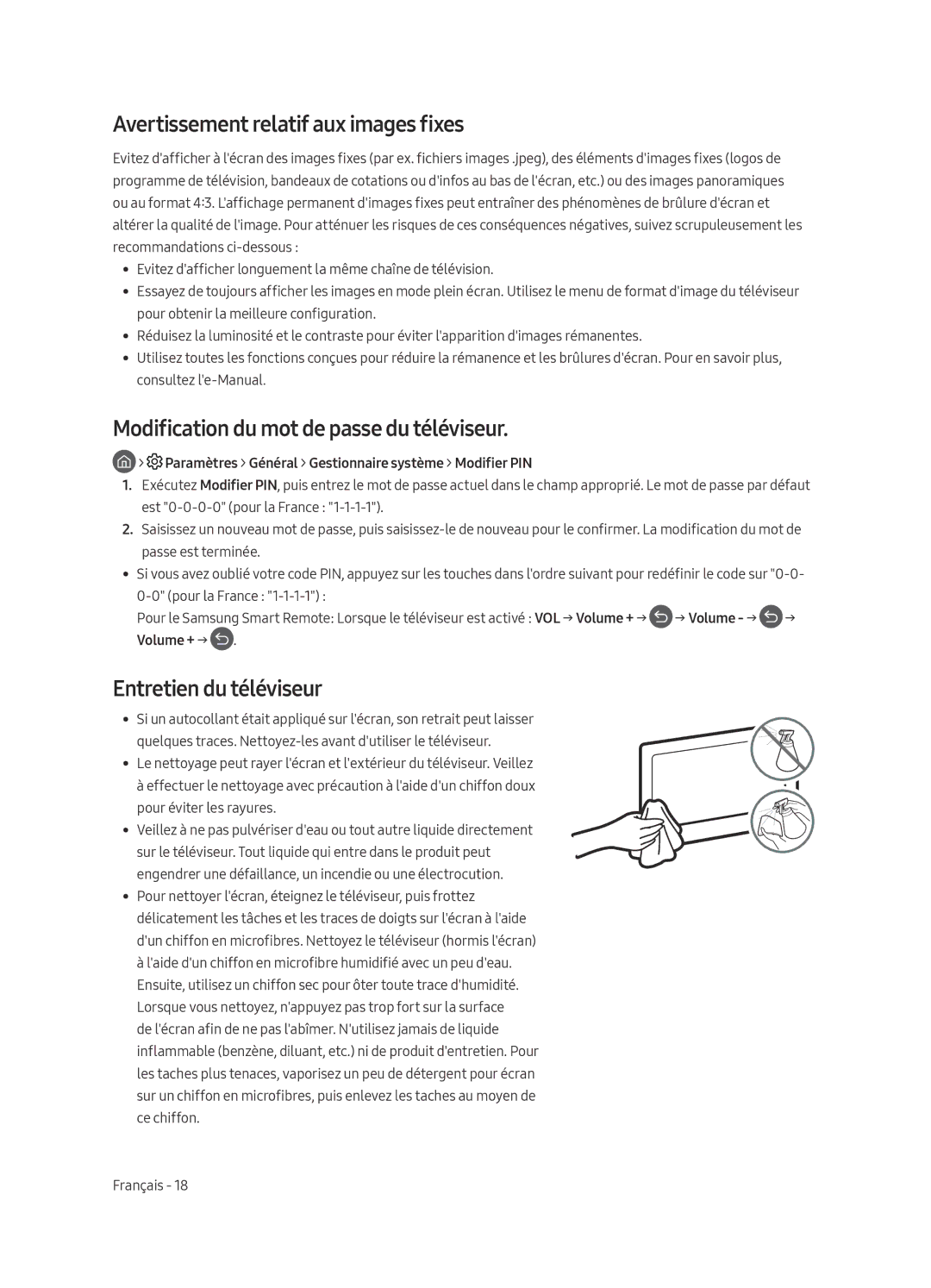 Samsung QE65Q6FAMTXZT manual Avertissement relatif aux images fixes, Modification du mot de passe du téléviseur, Volume + → 