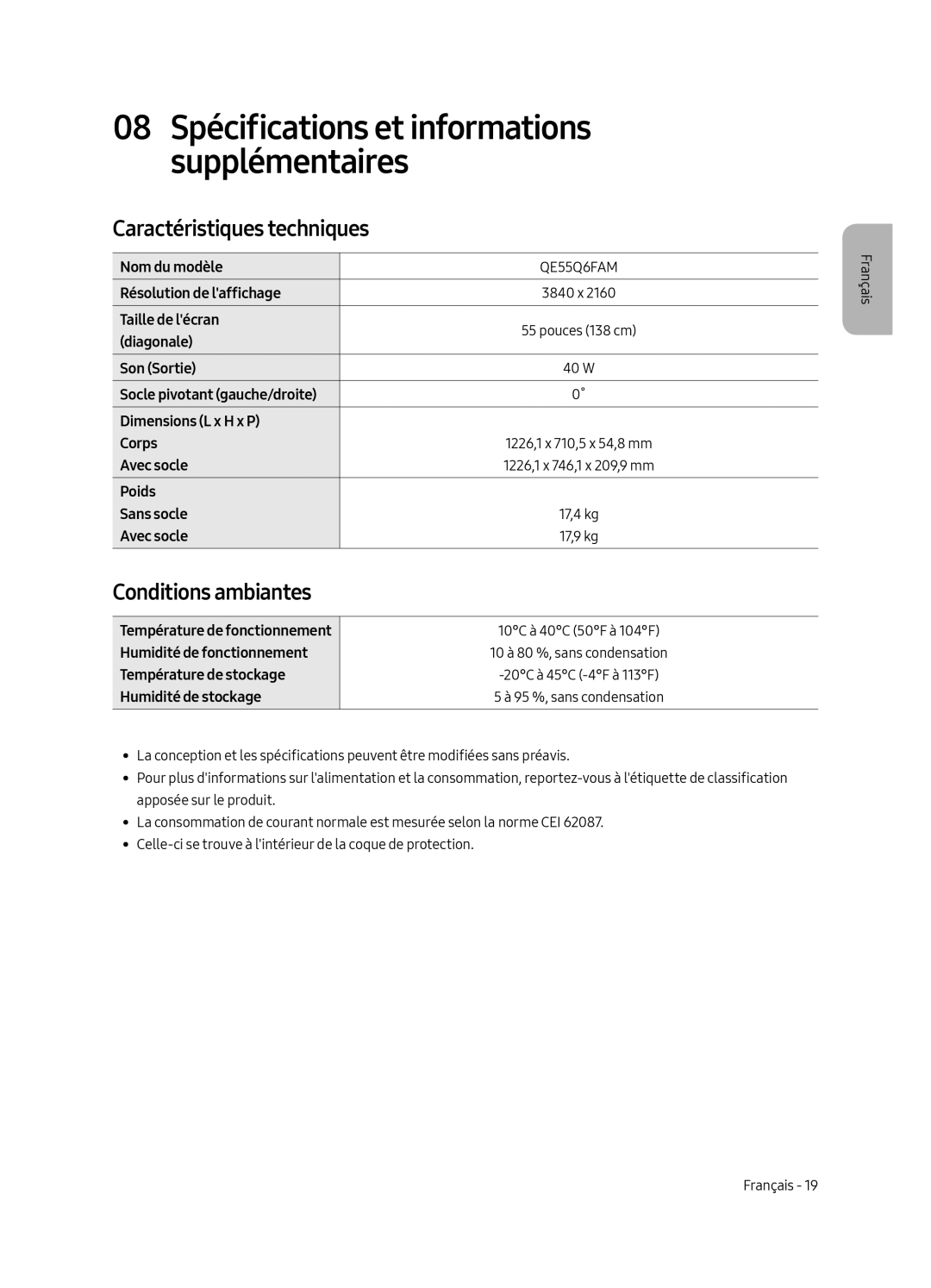 Samsung QE65Q6FAMTXXU, QE55Q6FAMTXXH, QE65Q6FAMTXXC, QE55Q6FAMTXXC manual Caractéristiques techniques, Conditions ambiantes 