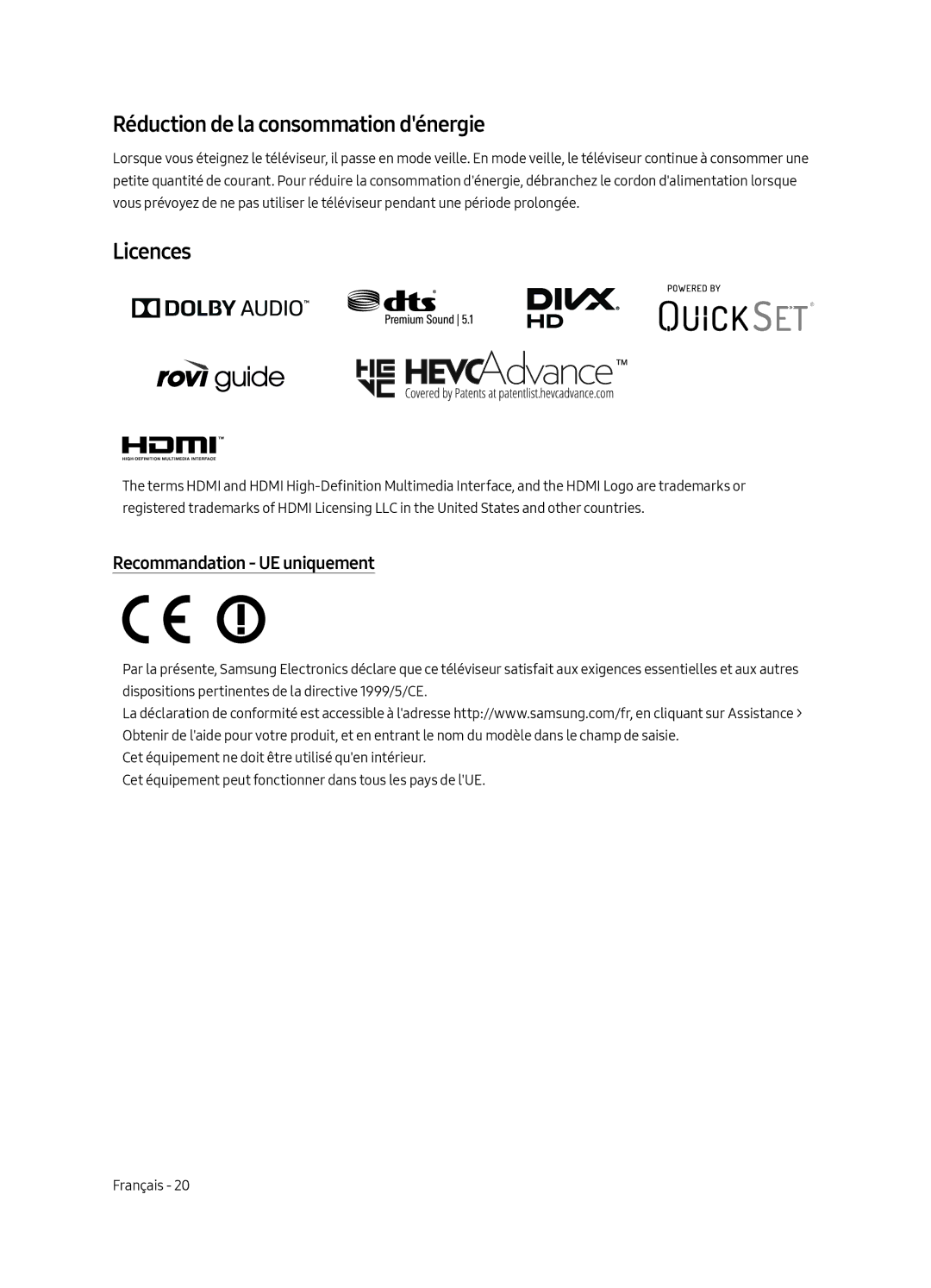 Samsung QE65Q6FAMTXXH, QE55Q6FAMTXXH, QE65Q6FAMTXXC Réduction de la consommation dénergie, Recommandation UE uniquement 