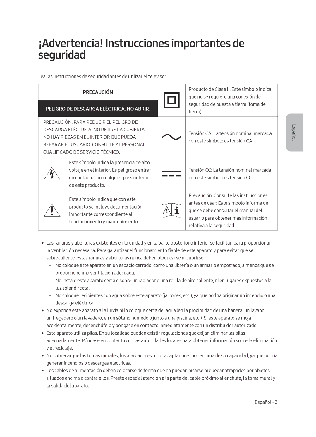 Samsung QE65Q6FAMTXXC, QE55Q6FAMTXXH, QE55Q6FAMTXXC manual ¡Advertencia! Instrucciones importantes de seguridad, Precaución 