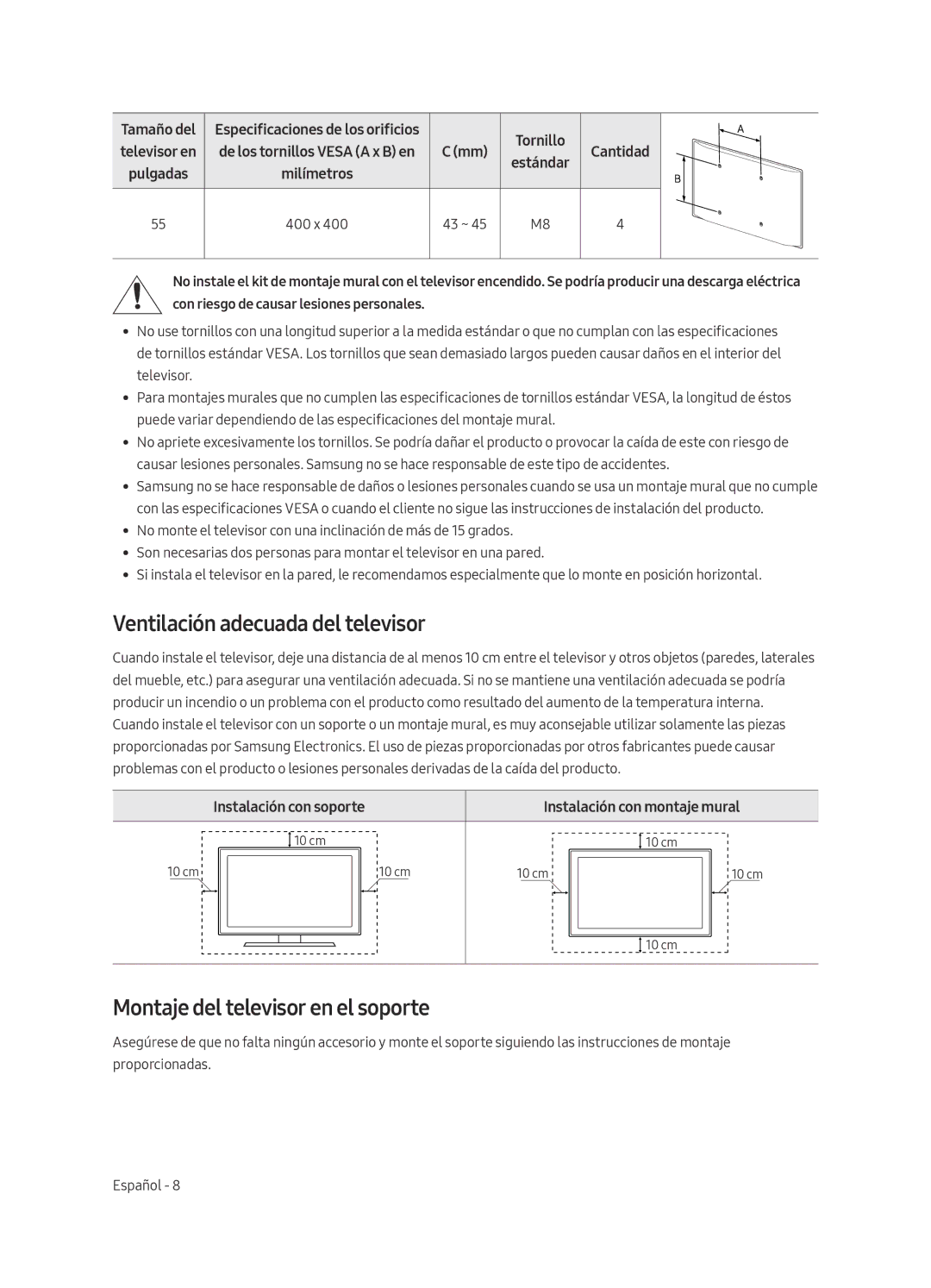 Samsung QE65Q6FAMTXZG, QE55Q6FAMTXXH, QE65Q6FAMTXXC Ventilación adecuada del televisor, Montaje del televisor en el soporte 