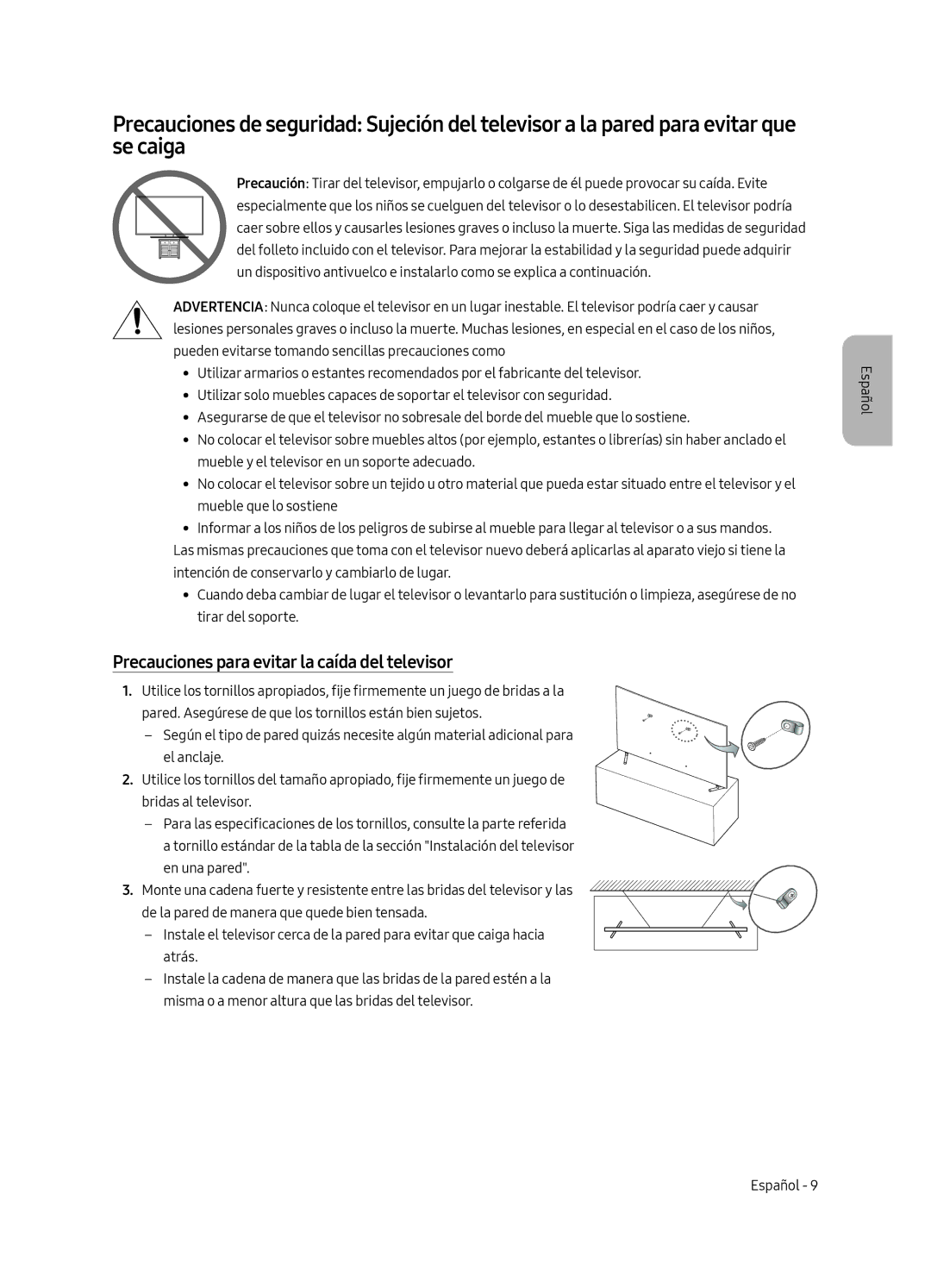 Samsung QE55Q6FAMTXXH, QE65Q6FAMTXXC, QE55Q6FAMTXXC, QE65Q6FAMTXZT manual Precauciones para evitar la caída del televisor 