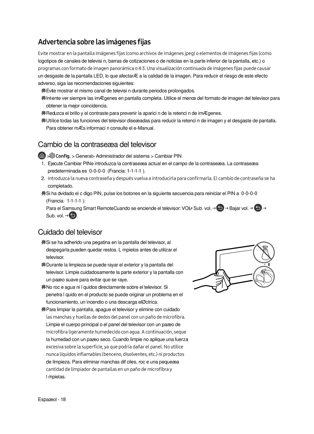 Samsung QE55Q6FAMTXXC Advertencia sobre las imágenes fijas, Cambio de la contraseña del televisor, Cuidado del televisor 