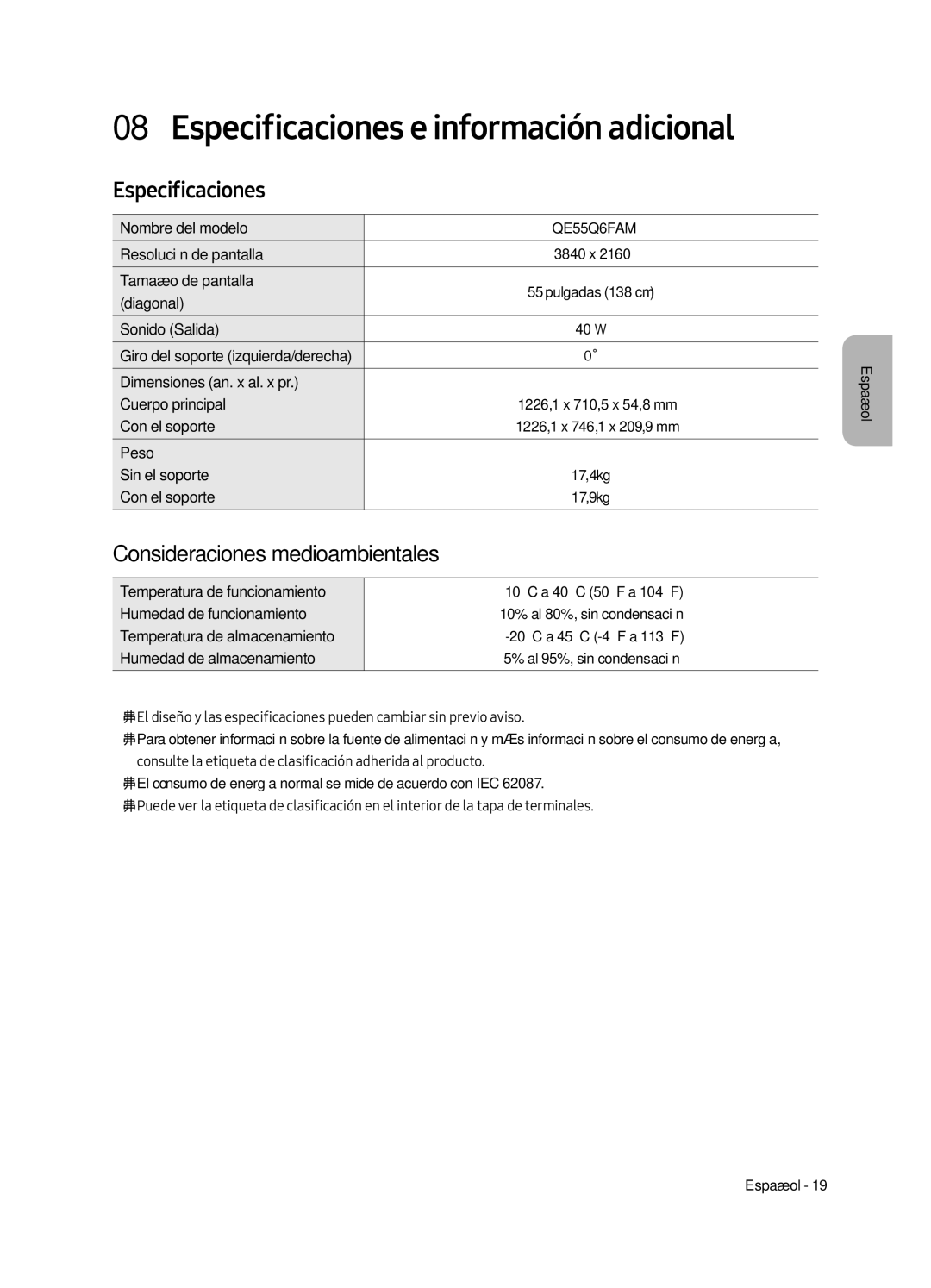 Samsung QE65Q6FAMTXZT, QE55Q6FAMTXXH, QE65Q6FAMTXXC, QE55Q6FAMTXXC manual Especificaciones, Consideraciones medioambientales 