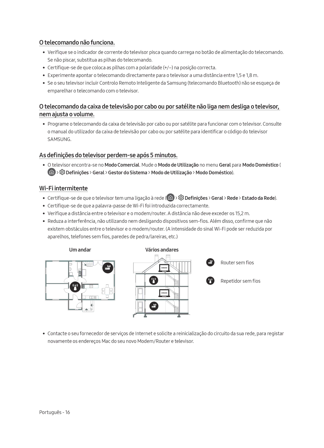 Samsung QE65Q6FAMTXZG, QE55Q6FAMTXXH manual Telecomando não funciona, As definições do televisor perdem-se após 5 minutos 