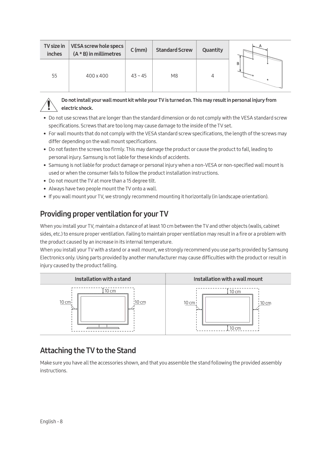 Samsung QE65Q6FAMTXXC, QE55Q6FAMTXXH Providing proper ventilation for your TV, Attaching the TV to the Stand, Quantity 