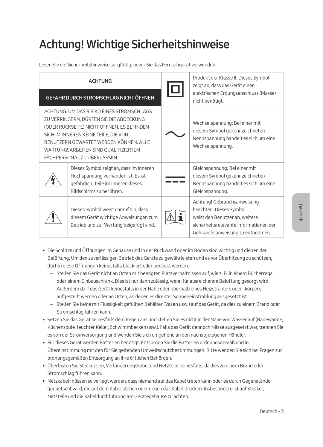 Samsung QE65Q6FAMTXZG, QE55Q6FAMTXXH, QE65Q6FAMTXXC, QE55Q6FAMTXXC, QE65Q6FAMTXZT manual Achtung! Wichtige Sicherheitshinweise 