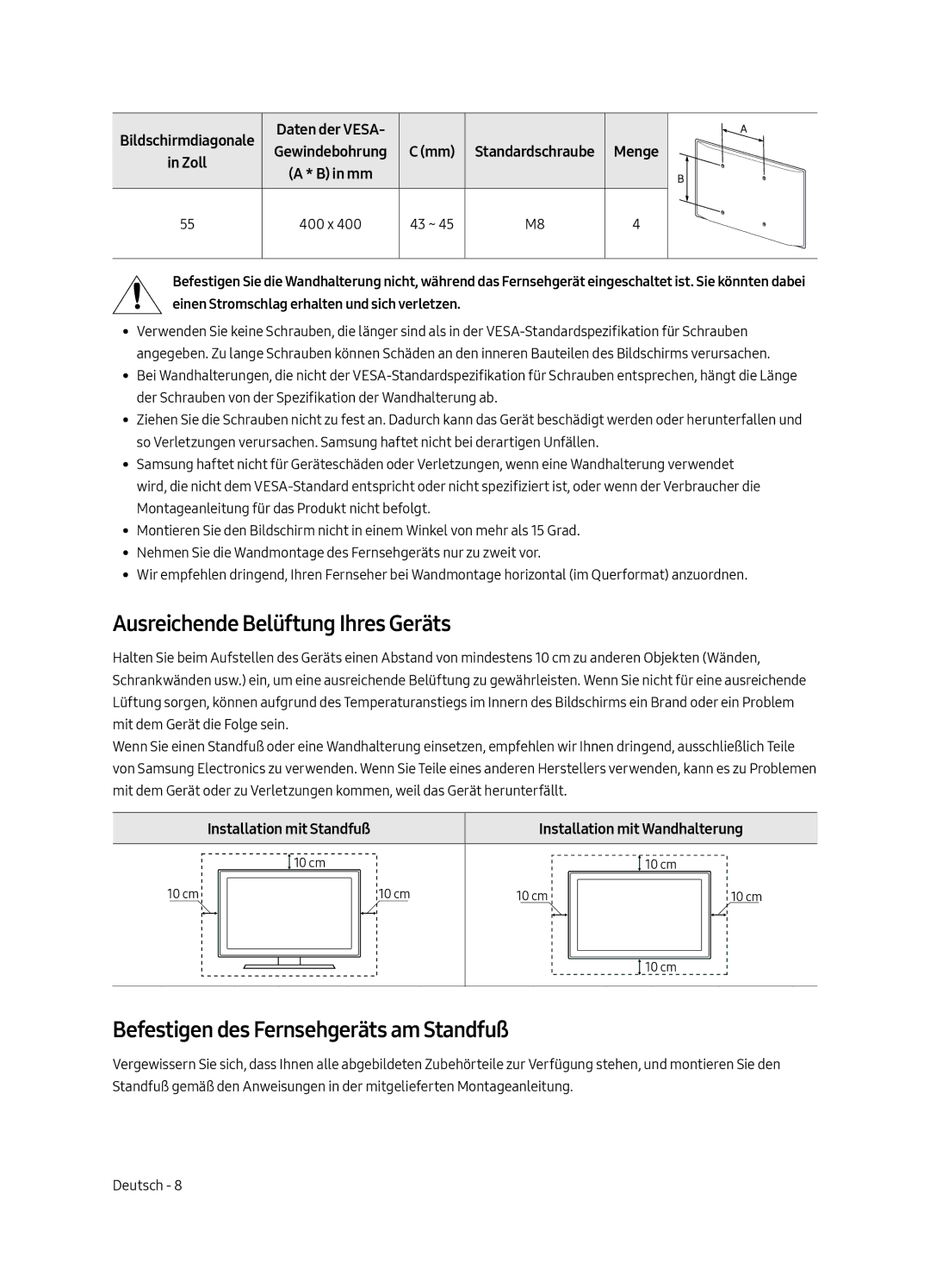 Samsung QE65Q6FAMTXXU, QE55Q6FAMTXXH manual Ausreichende Belüftung Ihres Geräts, Befestigen des Fernsehgeräts am Standfuß 