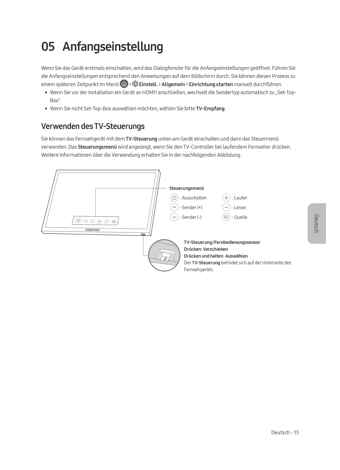 Samsung QE55Q6FAMTXXC, QE55Q6FAMTXXH, QE65Q6FAMTXXC, QE65Q6FAMTXZT manual Anfangseinstellung, Verwenden des TV-Steuerungs 