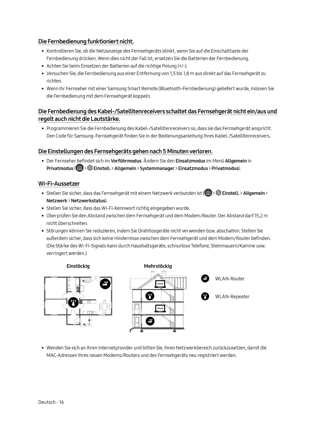 Samsung QE65Q6FAMTXXH, QE55Q6FAMTXXH manual Die Fernbedienung funktioniert nicht, Wi-Fi-Aussetzer, EinstöckigMehrstöckig 