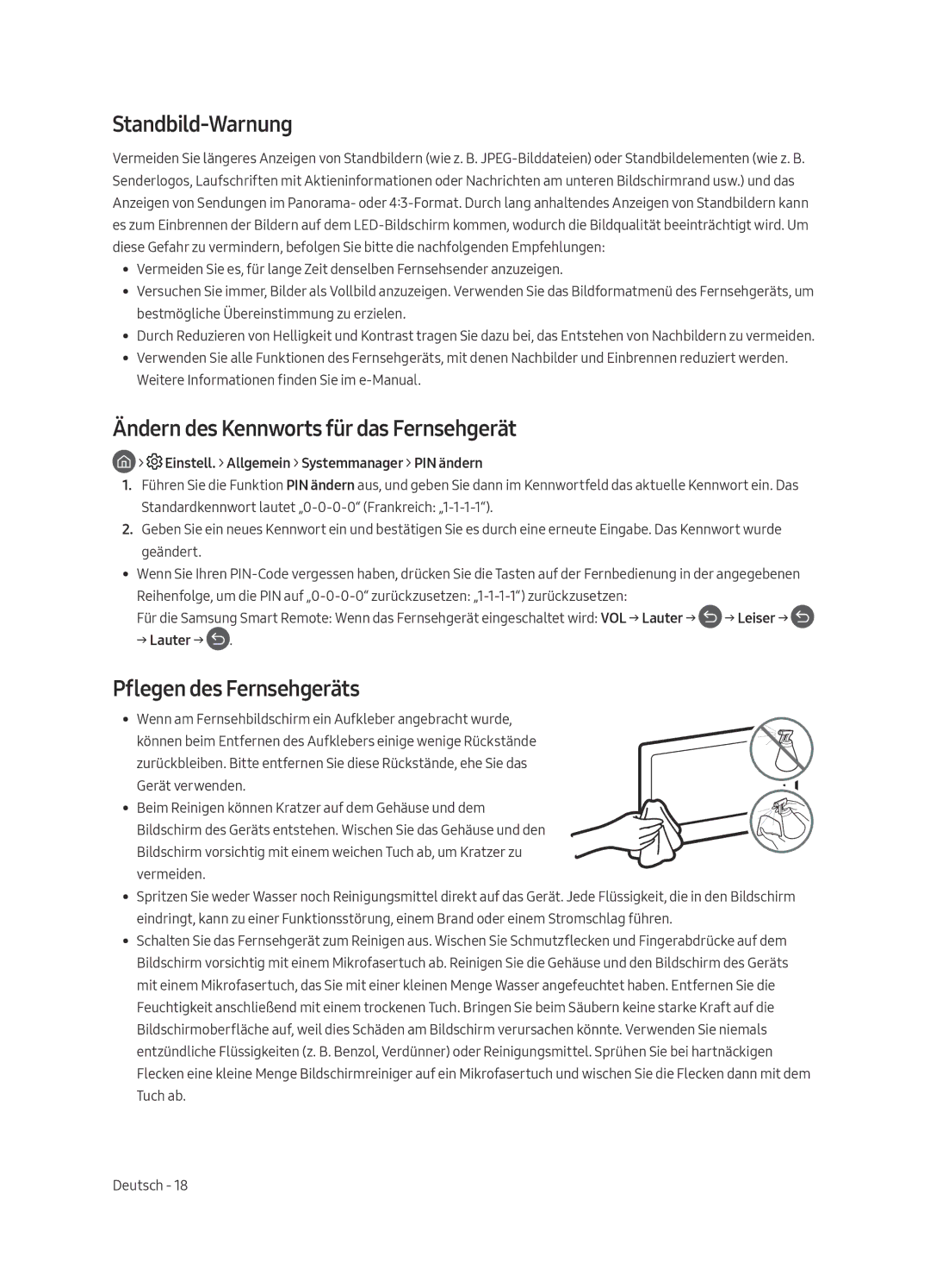 Samsung QE55Q6FAMTXXH Standbild-Warnung, Ändern des Kennworts für das Fernsehgerät, Pflegen des Fernsehgeräts, → Lauter → 